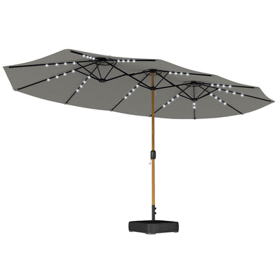 Outsunny Double Sided Garden Parasol with Base Included & 48 Solar LED Lights Patio Umbrella Crank Handle 4.6m Light Grey 