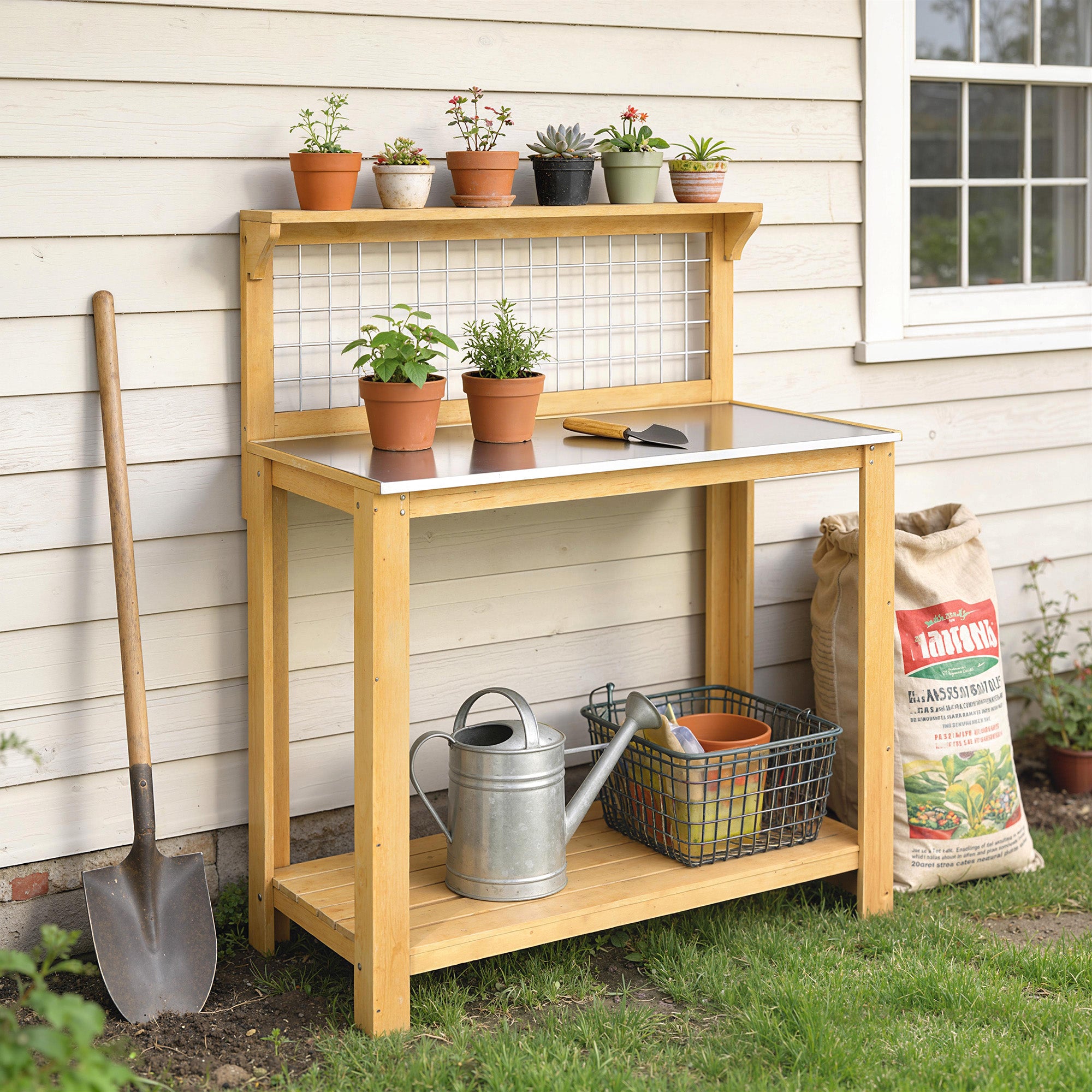 Outsunny Wooden Potting Bench Table with Aluminium Worktop, Outdoor Garden Workbench with 2 Shelves 