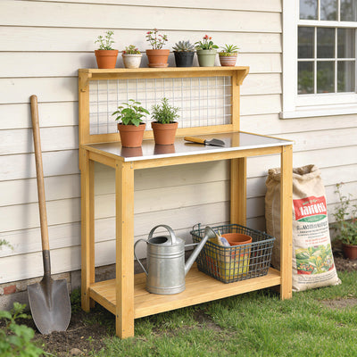 Outsunny Wooden Potting Bench Table with Aluminium Worktop, Outdoor Garden Workbench with 2 Shelves 