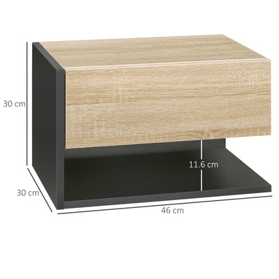 HOMCOM Floating Bedside Table Set of 2, Wall Mounted Bedside Cabinet with Drawer and Open Shelf, Modern Nightstand for Bedroom, 46 x 30 x 30 cm, Oak Tone 