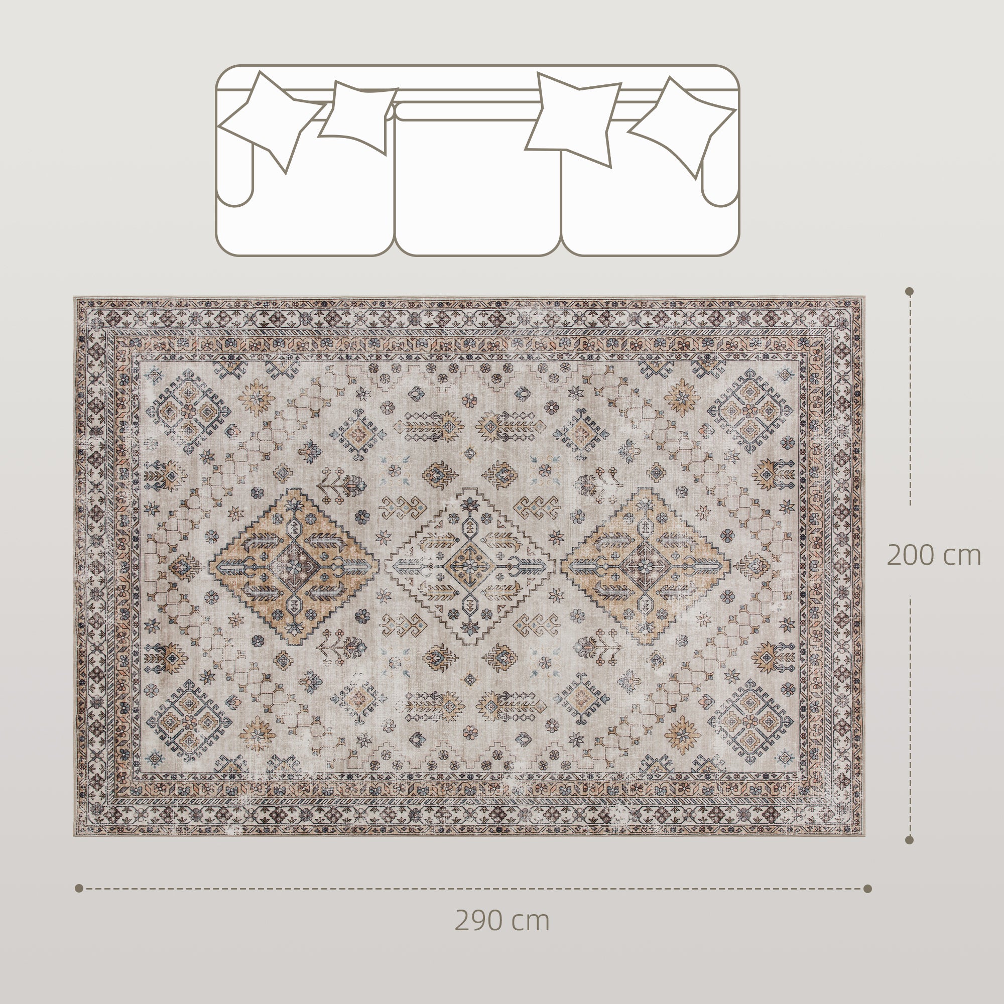 HOMCOM Vintage Area Rug, Non-Slip Washable Rug, Flannel Floor Carpet for Living Room, Bedroom, Dining Room, Home Office, 290 x 200 cm, Beige