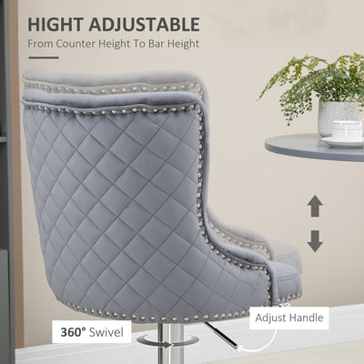 HOMCOM Modern Adjustable Bar Stools Set of 2, Swivel Velvet Barstools with Button Tufted Back, Footrest, Nailhead Trim for Home Bar, Grey 