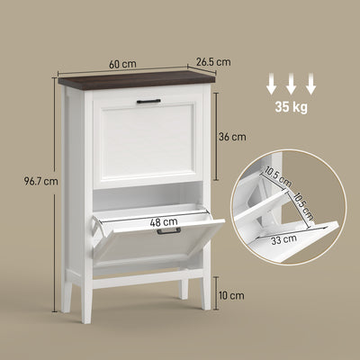 HOMCOM Shoe Cabinet with 2 Flip Drawers, Farmhouse Narrow Shoe Storage Cabinet with Adjustable Shelves, White 