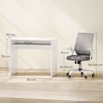HOMCOM Home Office Furniture Set, Modern Computer Desk with Storage Shelf and Ergonomic Mesh Chair with Flip-Up Arms, Lumbar Support, Adjustable Height, Swivel Wheels, White and Grey 