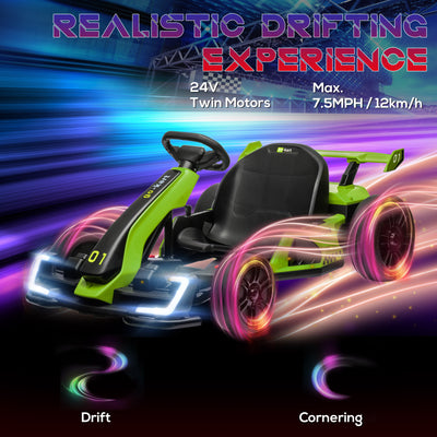 HOMCOM 24V Electric Go Kart for Kids with Adjustable Seat for 6-12 Years, Green 