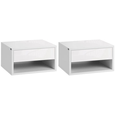 HOMCOM 2 Pieces Bedside Table Wall Mounted Nightstand with Drawer and Shelf for Bedroom, 37 x 32 x 21cm, High Gloss White 