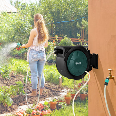 Outsunny Retractable Hose Reel Wall Mounted, 30+2m Garden Hose Pipe Reel with Lock, Auto Rewind, 7 in 1 Spray Nozzle, Includes Wall Fixings, 180° Swivel, Outdoor Watering, 59 x 23 x 42 cm, Green 