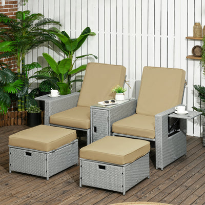 Outsunny 5PC PE Rattan Sun Lounger, Outdoor Wicker 5-level Adjustable Recliner Sofa Bed with Storage Side Table and Footstools, for Patio, Garden, Poolside, Beige 