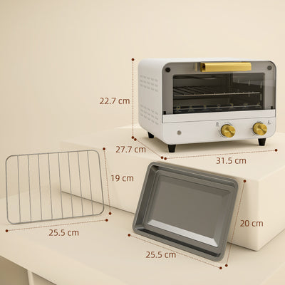 HOMCOM Small Toaster Oven, 12L Multifunction Mini Countertop Oven with Glass Door, Adjustable Temperature and Timer, Accessory Included, 750W, White 