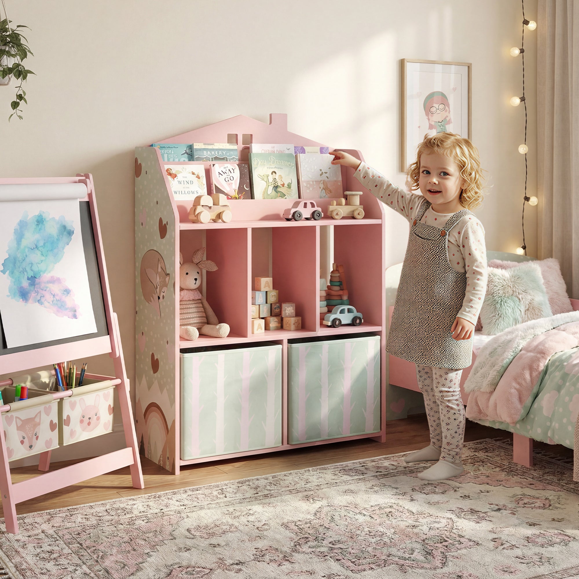 AIYAPLAY Kids Bookshelf with Storage, Toy Storage Unit with Book Display, Shelves and Fabric Drawers for Playroom Nursery, Pink 