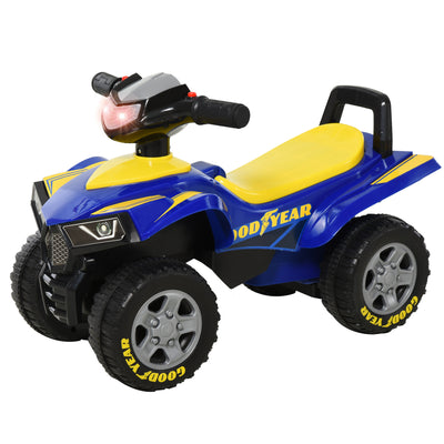 HOMCOM Baby Quad Bike Kids Ride On Car Goodyear Licensed Walker Foot To Floor Slider NO POWER w/ Lights Horn Storage Blue for 18-36 Months 