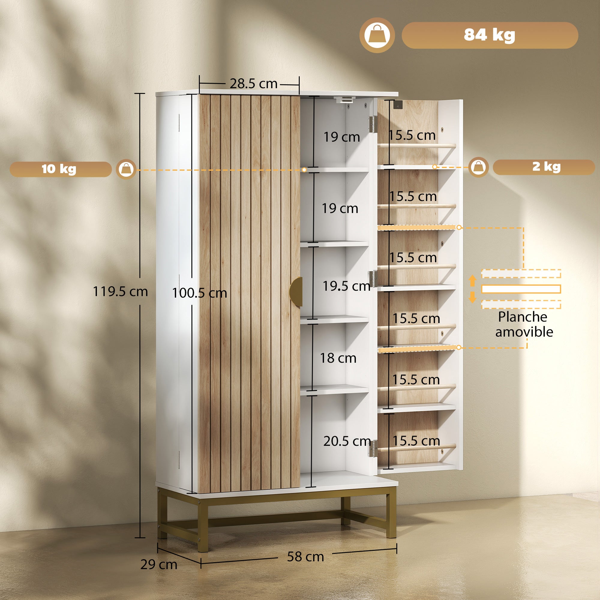 HOMCOM 119.5 cm Kitchen Cupboard, Freestanding Kitchen Cabinet with Double Doors, 5 Tiers, 12 Spice Racks, White 