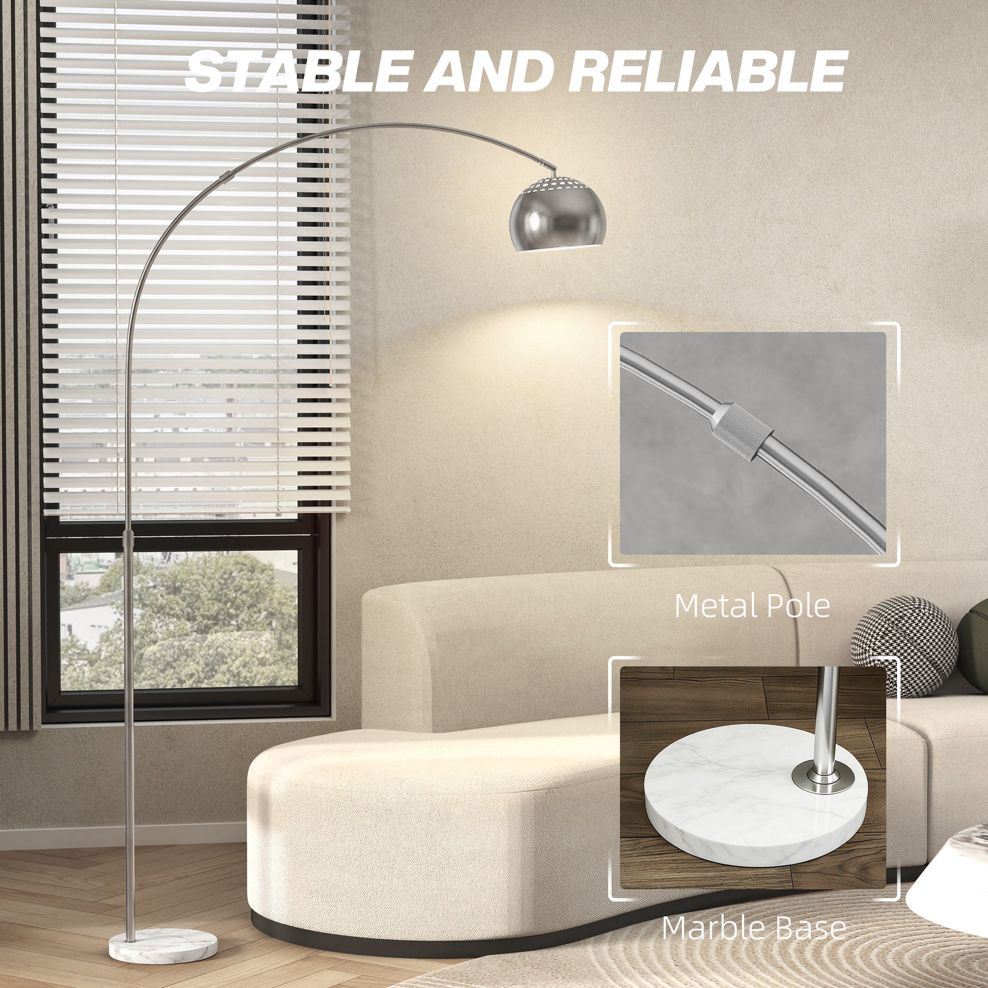 HOMCOM Arc Floor Lamp for Living Room, Modern Adjustable Standing Lamp with Faux Black Marble Base Silver Tone 