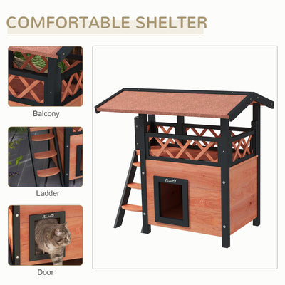 PawHut Cat House Outdoor w/ Balcony Stairs Roof, 77 x 50 x 73 cm, Brown 