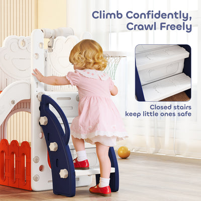 AIYAPLAY 5 in 1 Kids Slide Set with Basketball Hoop, Climbing Frame, Telescope, Storage Box for Toddlers Ages 1-3, Orange 