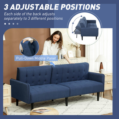 HOMCOM Upholstered Click Clack Sofa Bed, Linen-Feel 3 Seater Sofa Bed with Storage and Cupholders, Dark Blue 