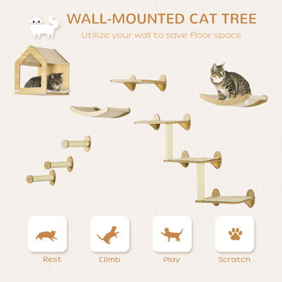 PawHut 8 Piece Cat Shelves Set, with Cat House, Three Perches, Three Scratching Posts 