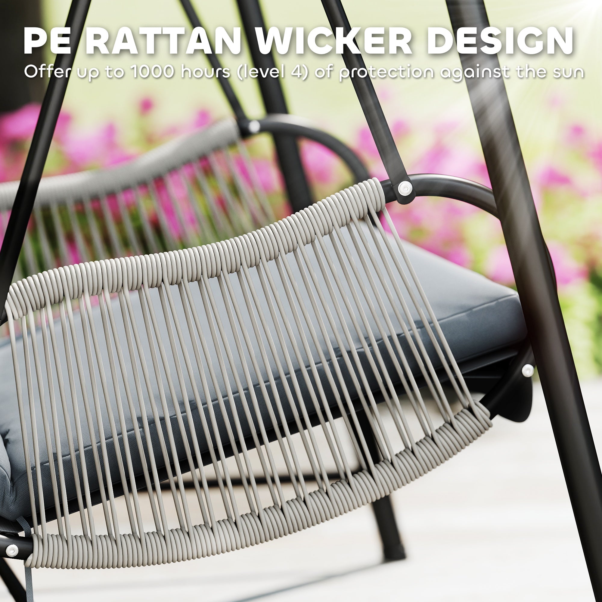 Outsunny Rattan Swing Chair, Outdoor Garden Hanging Swing Seat with Stand and Seat Cushion, Porch Hanging Chair for Balcony, Garden, Deck, Light Grey 