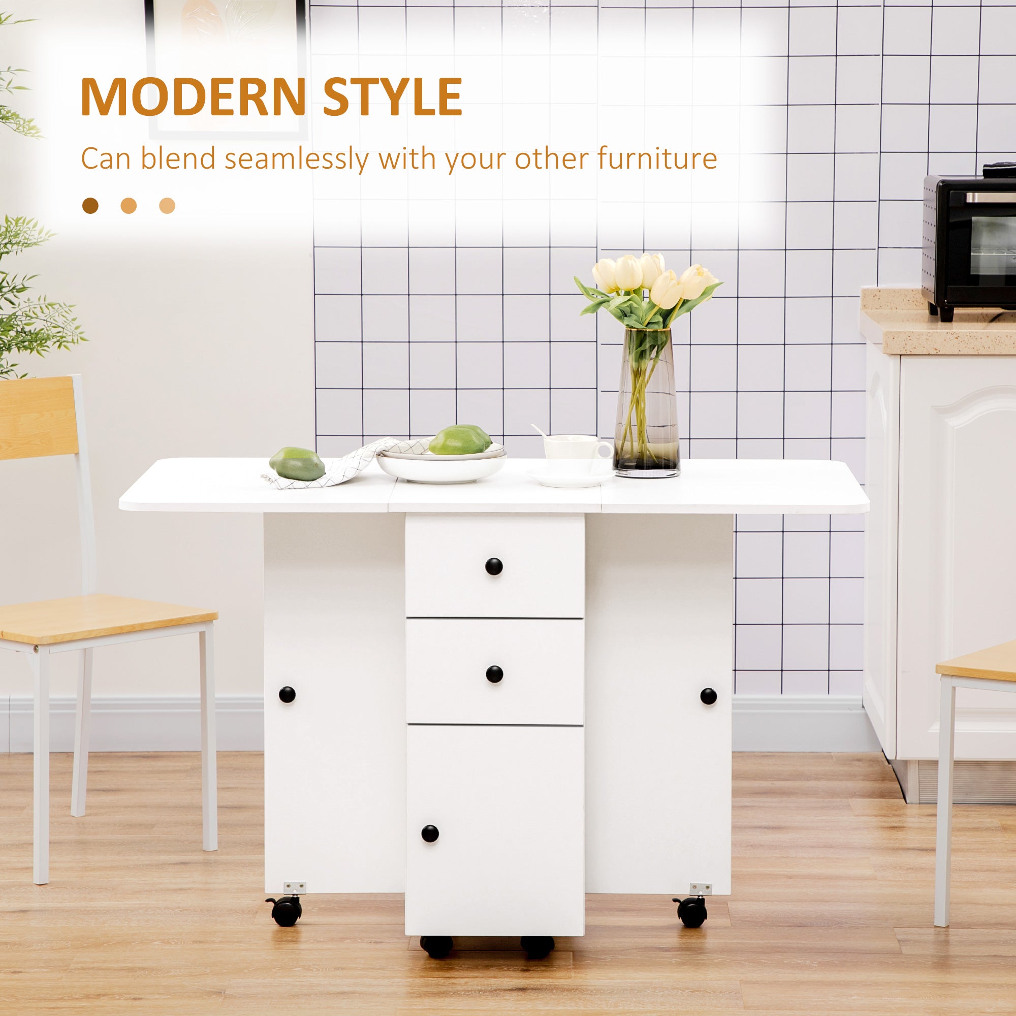HOMCOM Multi-Storage Six-Person Drop Leaf Dining Table -  White