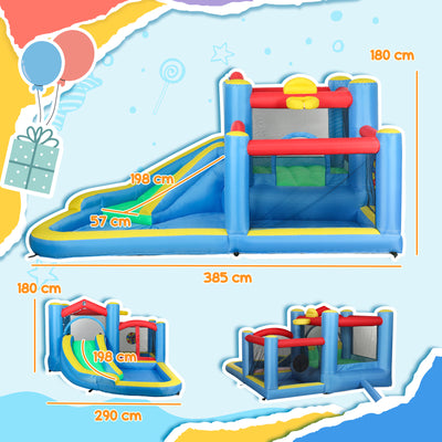 AIYAPLAY Inflatable Bouncy Castle with 550W Blower, Basketball Hoop, Long Slide, Dart Board, Carrying Bag, 385 x 290 x 180 cm 