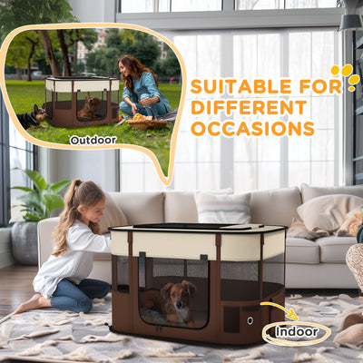 PawHut Foldable Dog Pen with Storage Bag for Indoor/Outdoor Use, Portable Pet playpen, with Ground Stakes - Brown 