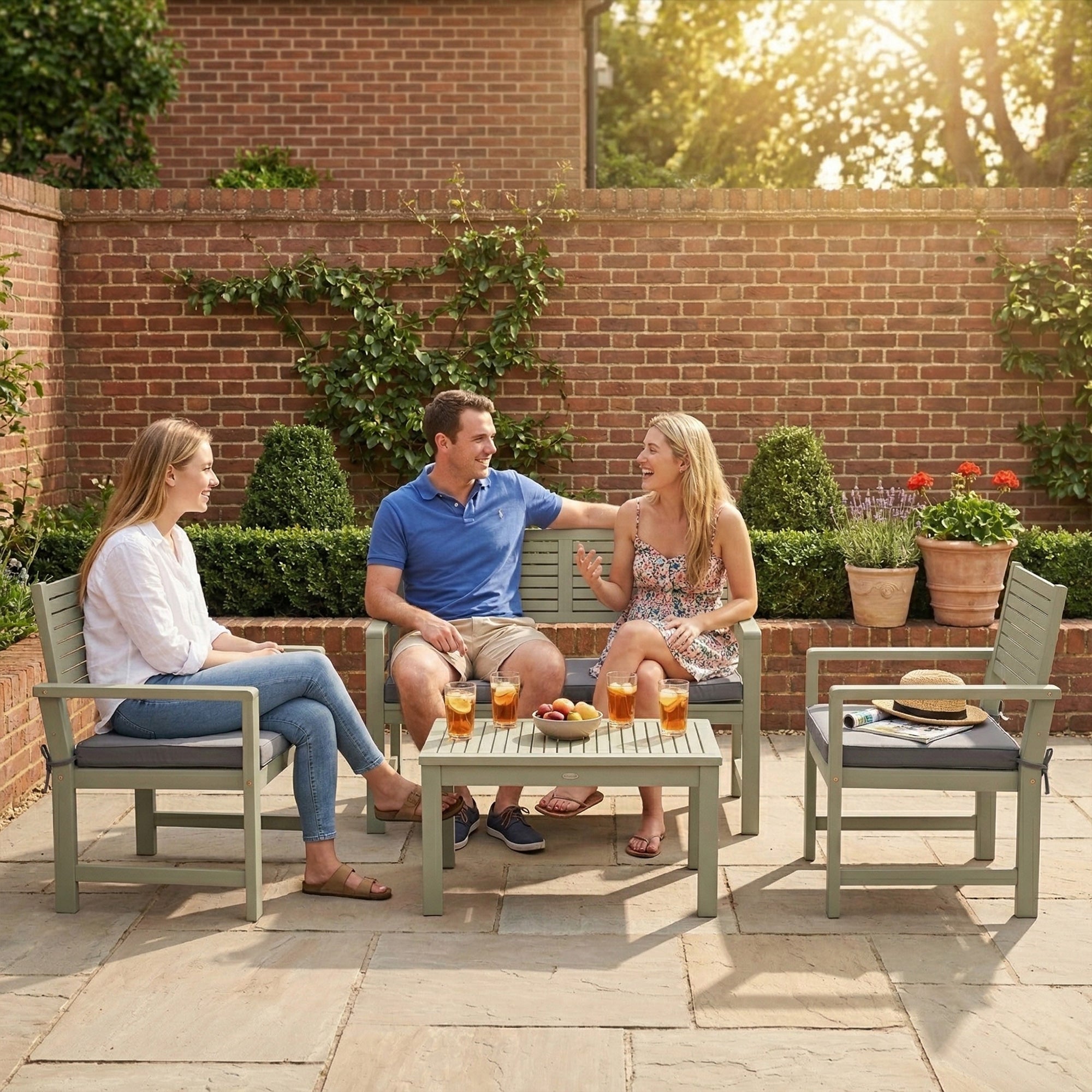 Outsunny 4 Seater Wooden Garden Furniture Set with Loveseat, Armchairs, Table, Acacia Wood Garden Sofa Set, Light Grey 