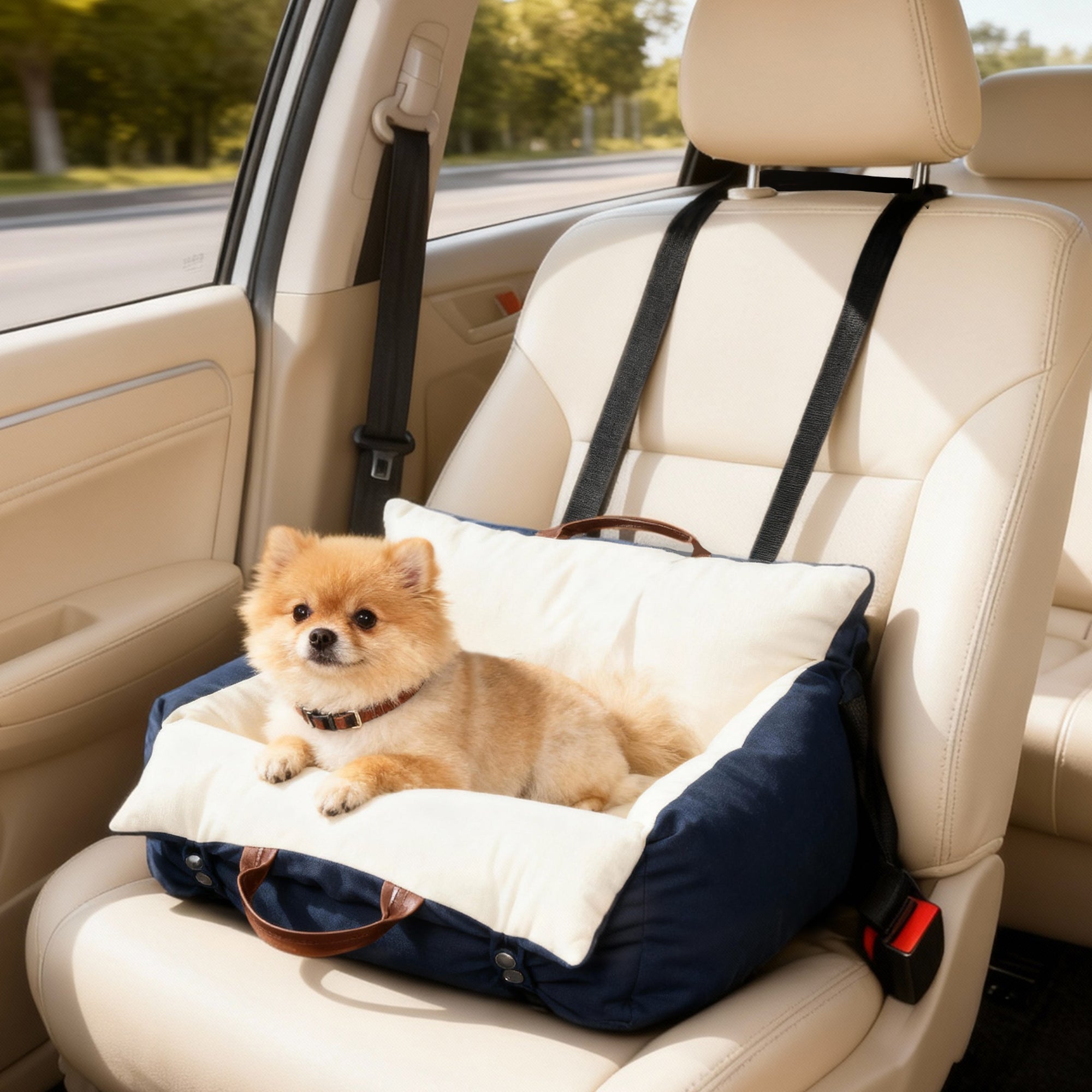 PawHut Dog Car Seat, Cosy Pet Car Booster Seat for Small Dog Under 5 KG, Portable Travel Bed with Safety Belts, Navy Blue 