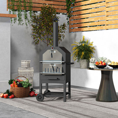 Outsunny Steel 3-Tier Outdoor Pizza Oven Charcoal BBQ Grill, Black 