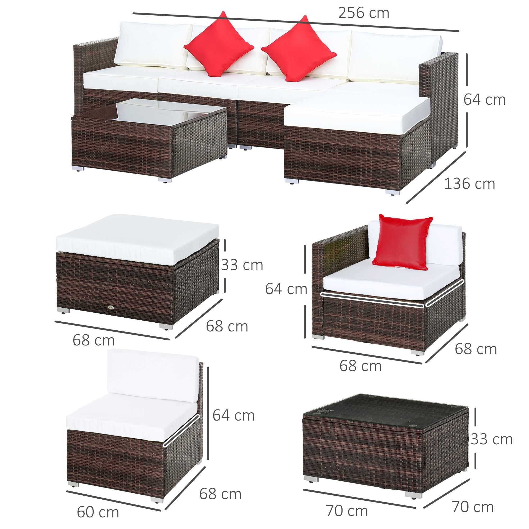 Outsunny 6 Pieces Rattan Garden Furniture Set, 5 Seater Sectional Garden Corner Sofa Set with Glass Top Coffee Table, Cushions and Pillows, All-Weather Wicker Conversation Furniture, Cream White 
