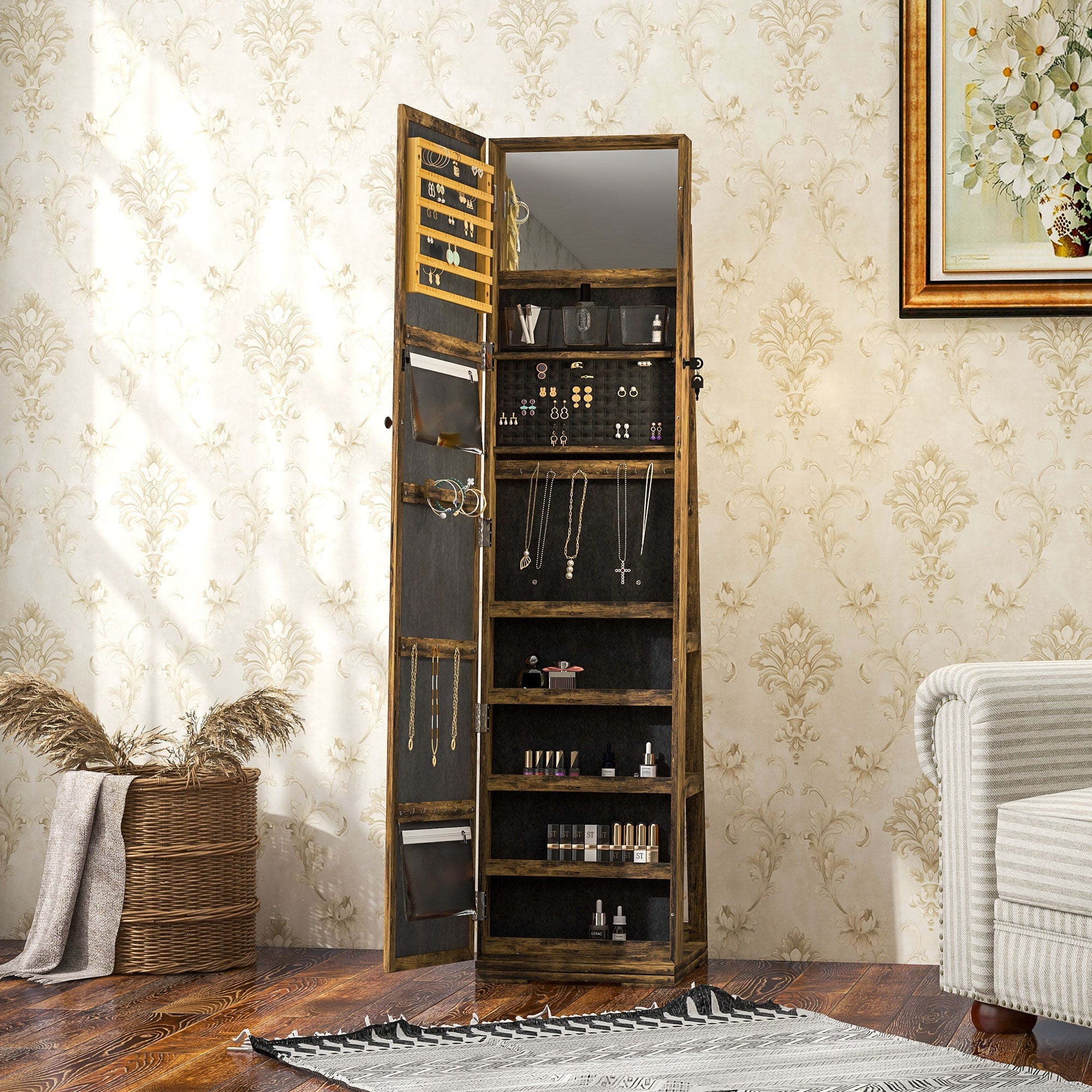 HOMCOM 360° Swivel Jewellery Cabinet, Mirror Armoire, Full Length Mirror, Lockable Jewellery Organiser with Built-In Small Mirror, Rustic Brown 