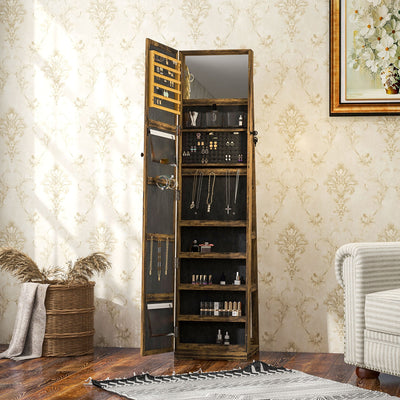 HOMCOM 360° Swivel Jewellery Cabinet, Mirror Armoire, Full Length Mirror, Lockable Jewellery Organiser with Built-In Small Mirror, Rustic Brown 