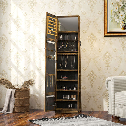 HOMCOM 360° Swivel Jewellery Cabinet, Mirror Armoire, Full Length Mirror, Lockable Jewellery Organiser with Built-In Small Mirror, Rustic Brown 
