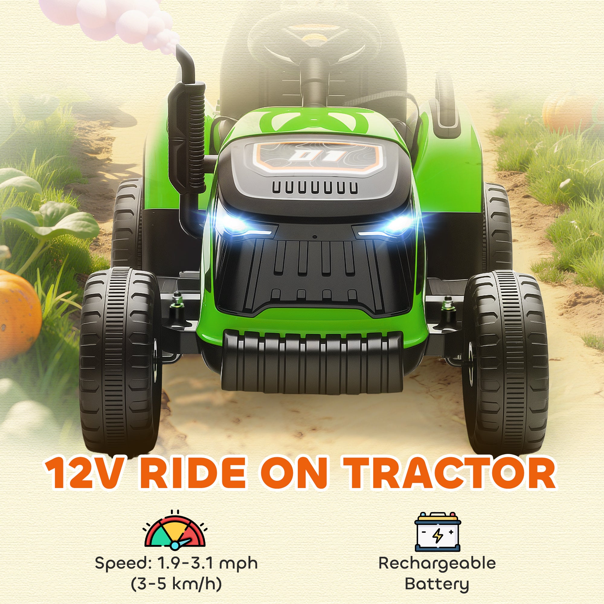 AIYAPLAY 12V Ride on Tractor and Trailer with Remote Control, Music, Shifter, Start-Up Sound, for Kids Ages 3-8 Years, Green