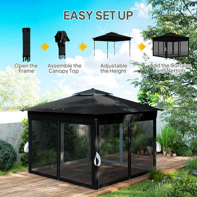 Outsunny 3 x 3(m) Pop Up Gazebo Party Tent with Solar-Powered LED Lights, Adjustable Event Shelter with Netting, Black 