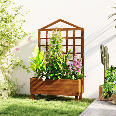 Outsunny Garden Planters with Trellis for Vine Climbing, Distressed Wooden Raised Beds, 90x43x150cm, Brown 