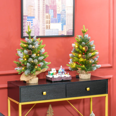HOMCOM Set of Two 2ft Christmas Trees, with Lights, Berries and Pinecones 