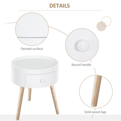 HOMCOM Modern Side Table, Small Coffee Table, Round Bedside Table with Drawer and Wood Legs for Living Room, Bedroom, Set of 2, White 