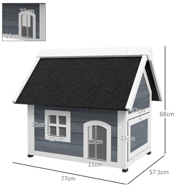 PawHut Outdoor Cat House, Wooden Feral Cat Shelter, with Openable Asphalt Roof, Three Doors - Grey 