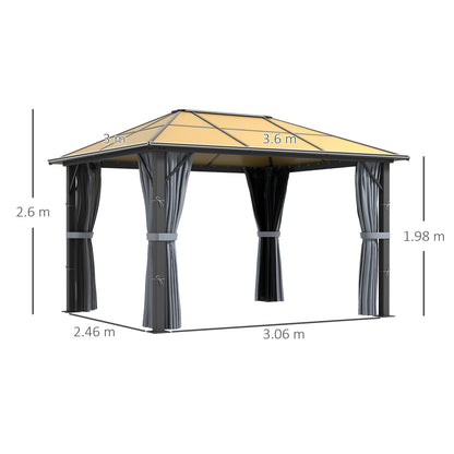 Outsunny 3 x 3.6m Garden Aluminium Gazebo Hardtop Roof Canopy Marquee Party Tent Patio with Mesh Curtains & Side Walls - Grey 