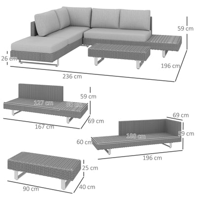 Outsunny 5-Seater Rattan Wicker Sofa Set Furniture Patio Tea Table Set with Cushions, Light Grey 