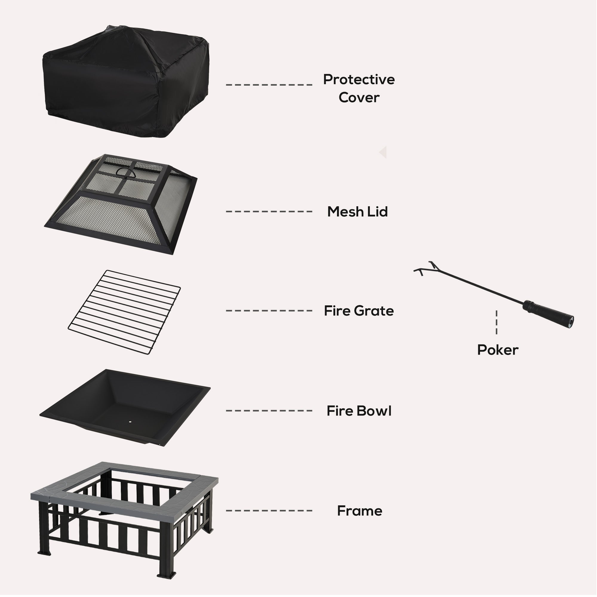 Outsunny Metal Large Firepit Outdoor Square Fire Pit Brazier w/ Rain Cover, Lid, Log Grate, Poker for Backyard, Camping, BBQ, Bonfire, Wood Burning Stove, 86 x 86 x 54cm, Black 