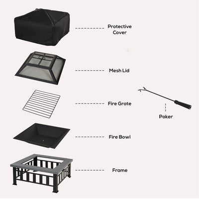 Outsunny Metal Large Firepit Outdoor Square Fire Pit Brazier w/ Rain Cover, Lid, Log Grate, Poker for Backyard, Camping, BBQ, Bonfire, Wood Burning Stove, 86 x 86 x 54cm, Black 