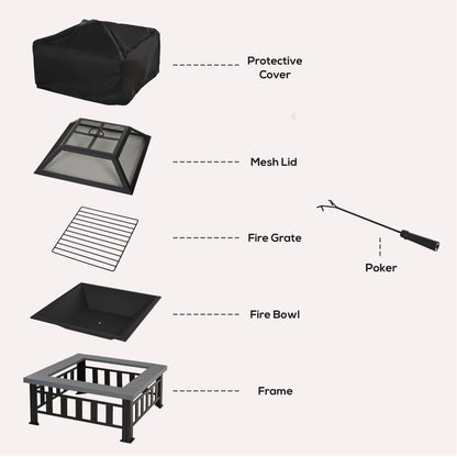 Outsunny Metal Large Firepit Outdoor Square Fire Pit Brazier w/ Rain Cover, Lid, Log Grate, Poker for Backyard, Camping, BBQ, Bonfire, Wood Burning Stove, 86 x 86 x 54cm, Black 