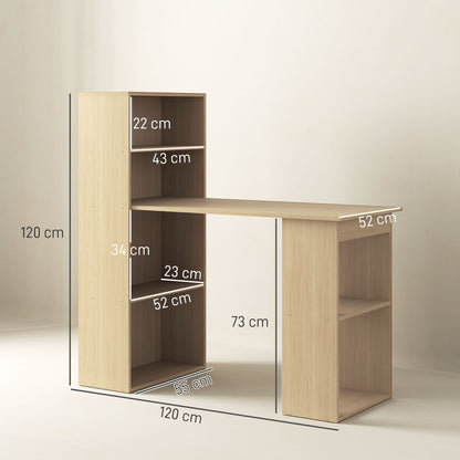 HOMCOM 120cm Modern Computer Desk Bookshelf Study Table Workstation PC Laptop Writing Home Office 6 Shelves, Natural Wood Finish 