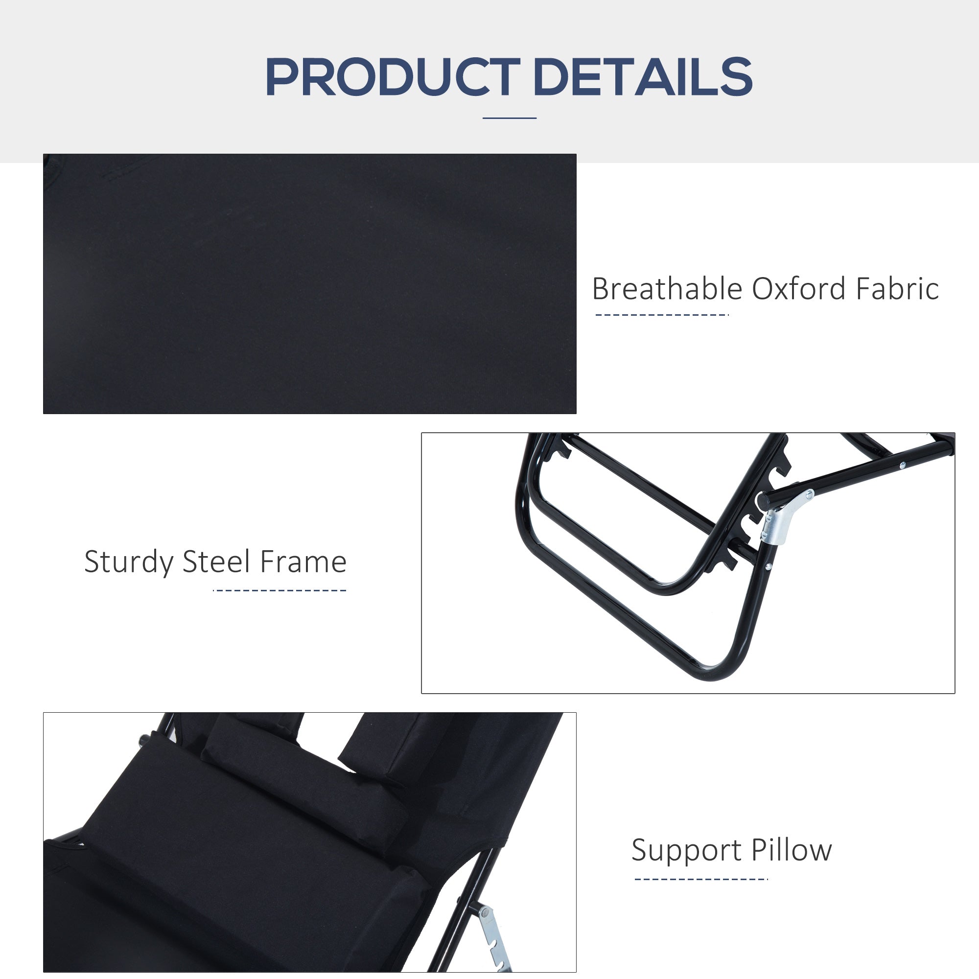 Outsunny Outdoor Foldable Sun Lounger, 4 Level Adjustable Backrest Reclining Sun Lounger Chair with Pillow and Reading Hole, Black 