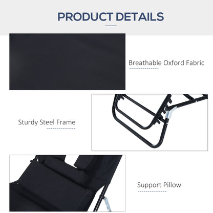 Outsunny Outdoor Foldable Sun Lounger, 4 Level Adjustable Backrest Reclining Sun Lounger Chair with Pillow and Reading Hole, Black 