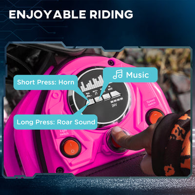 HOMCOM 24V Electric Motorbike with Twist Grip Throttle, Music, Horn, 12" Pneumatic Tyres, 16km/h Max Speed - Pink 