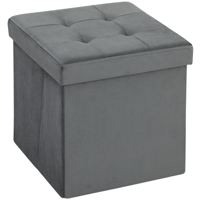 HOMCOM Foldable Velvet-Feel Storage Ottoman - Grey 