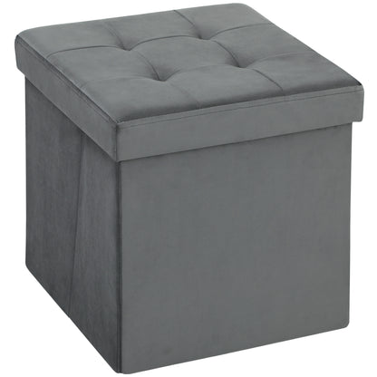 HOMCOM Foldable Velvet-Feel Storage Ottoman - Grey