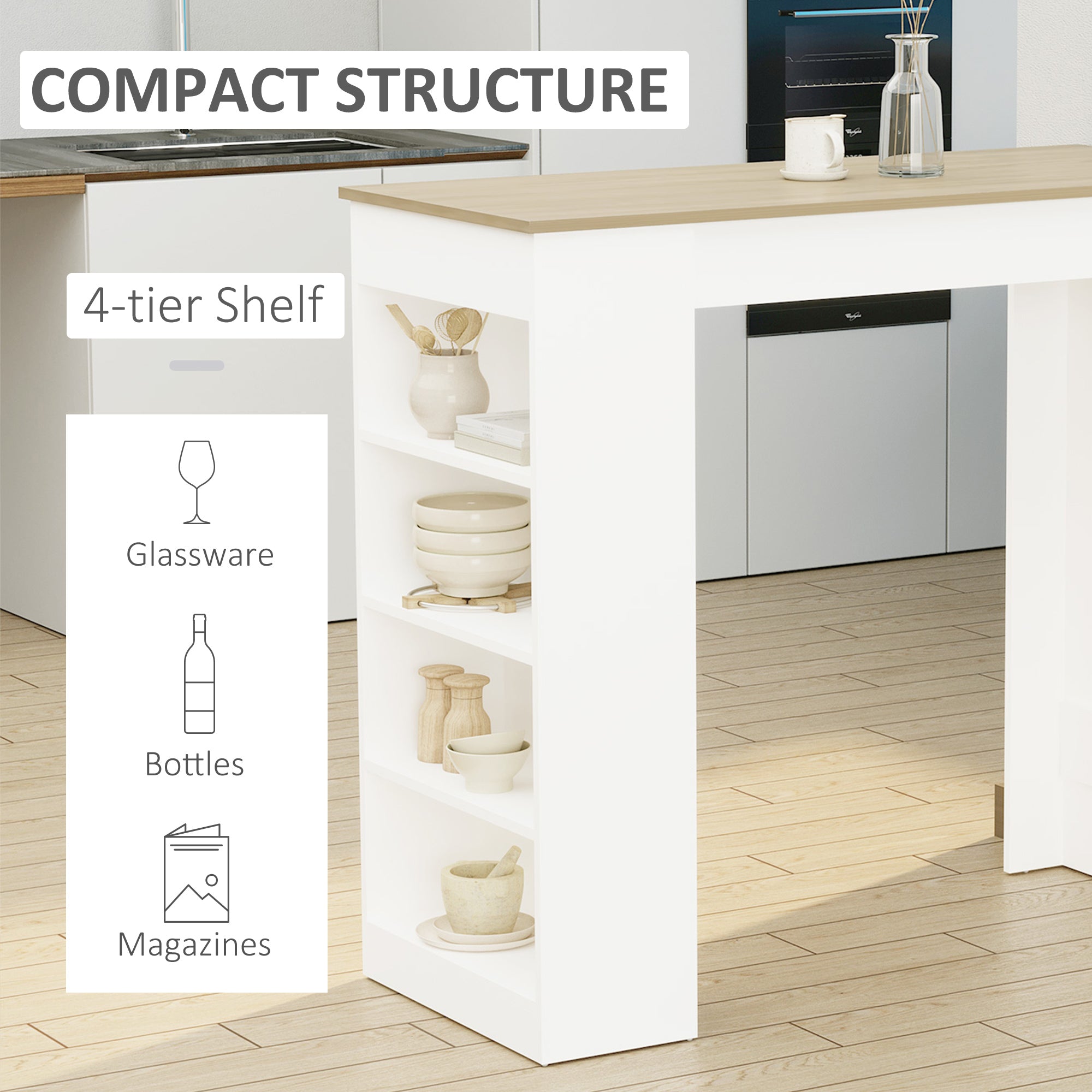 HOMCOM Bar Table, Dining Table with 4-Tier Storage Shelf for Breakfast Bar, Kitchen, Dining Room, Living Room, Natural 
